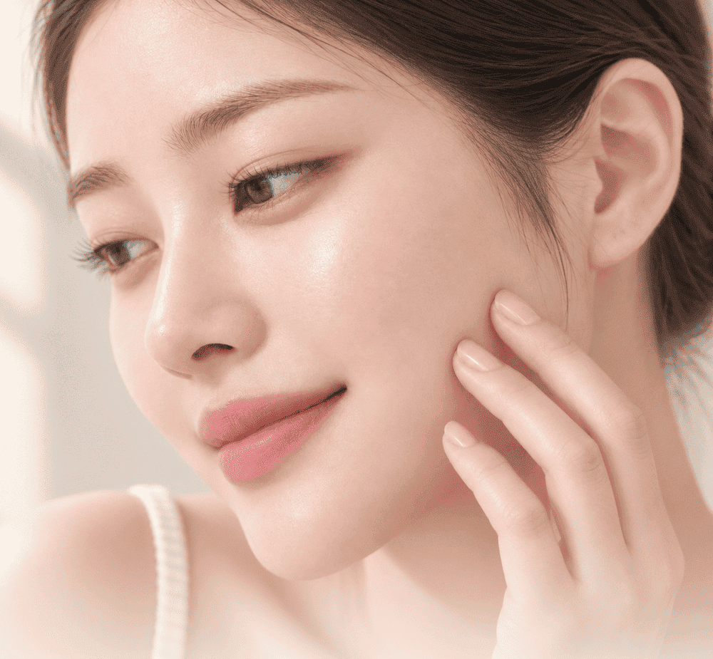 Woman touching her cheek, illustration of hydrated skin
